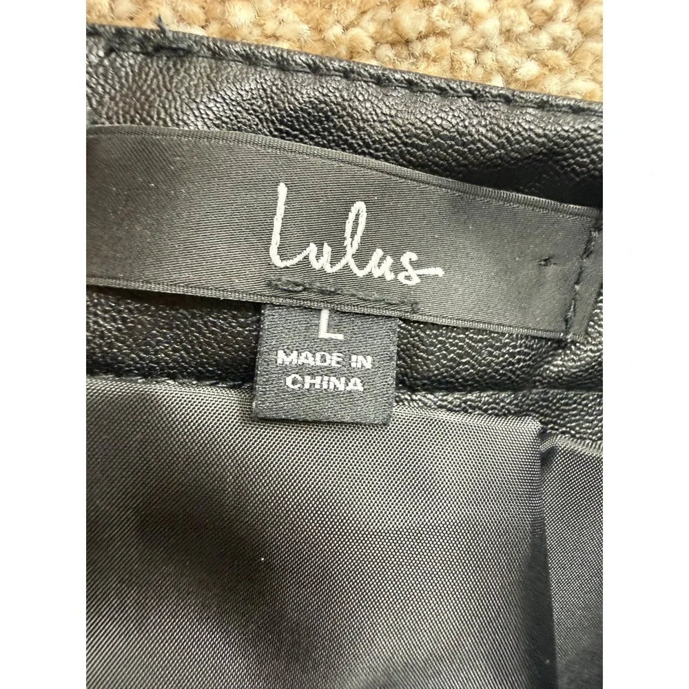 Lulus Black Vegan Faux Leather Mini Skirt Pockets L A-Line Edgy Biker Goth Moto‎